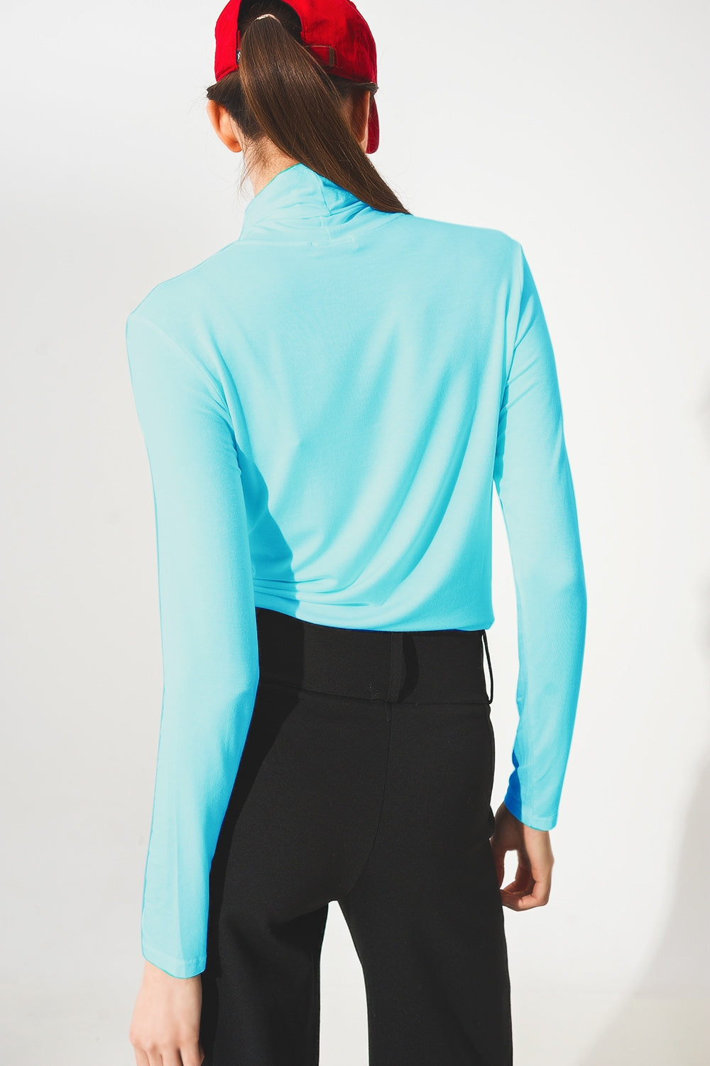 High neck long sleeve top in modal blue Q2store