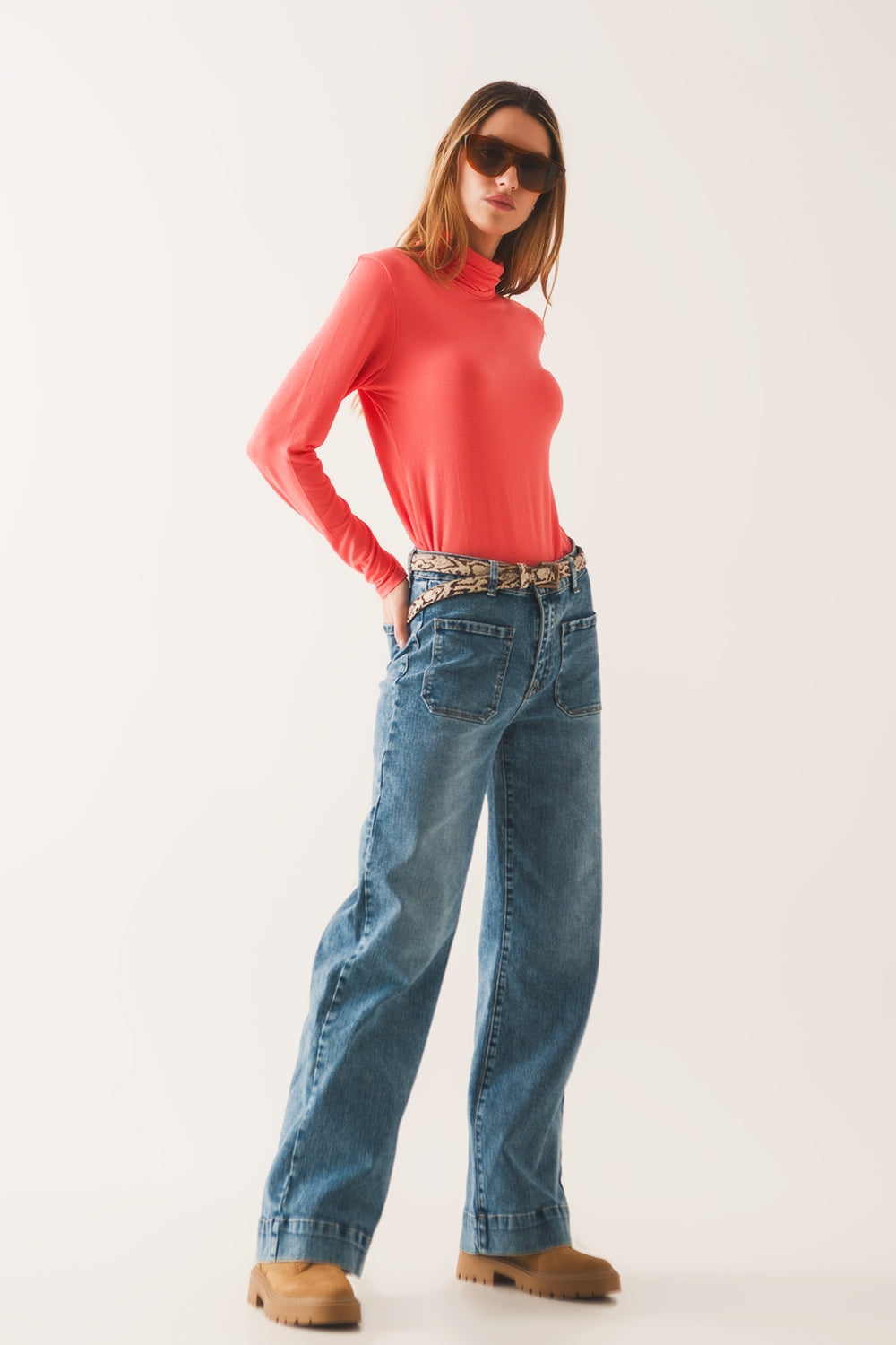 High neck long sleeve top in orange modal Q2store