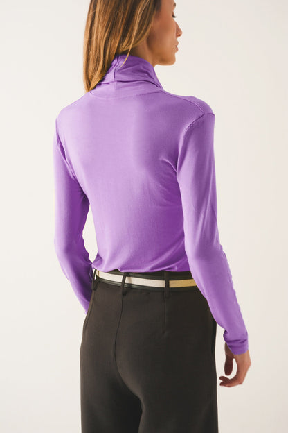 High neck long sleeve top in purple modal Q2store