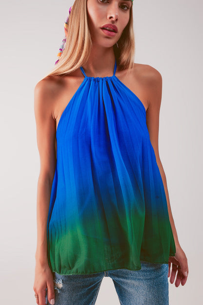 High neck pleat top in blue ombre Q2store