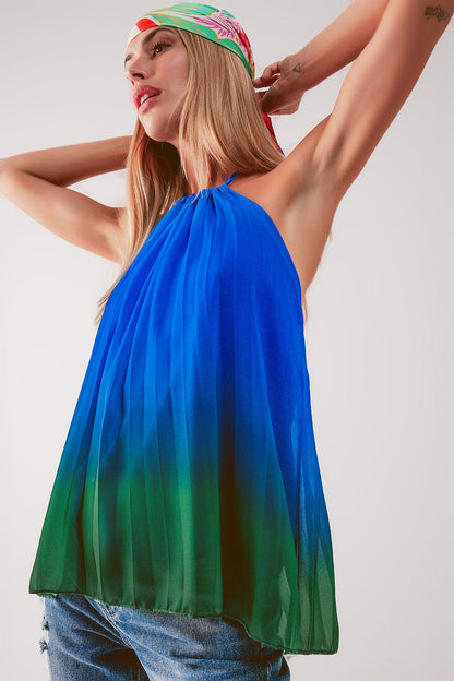 High neck pleat top in blue ombre Q2store
