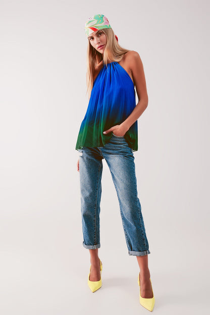 High neck pleat top in blue ombre Q2store