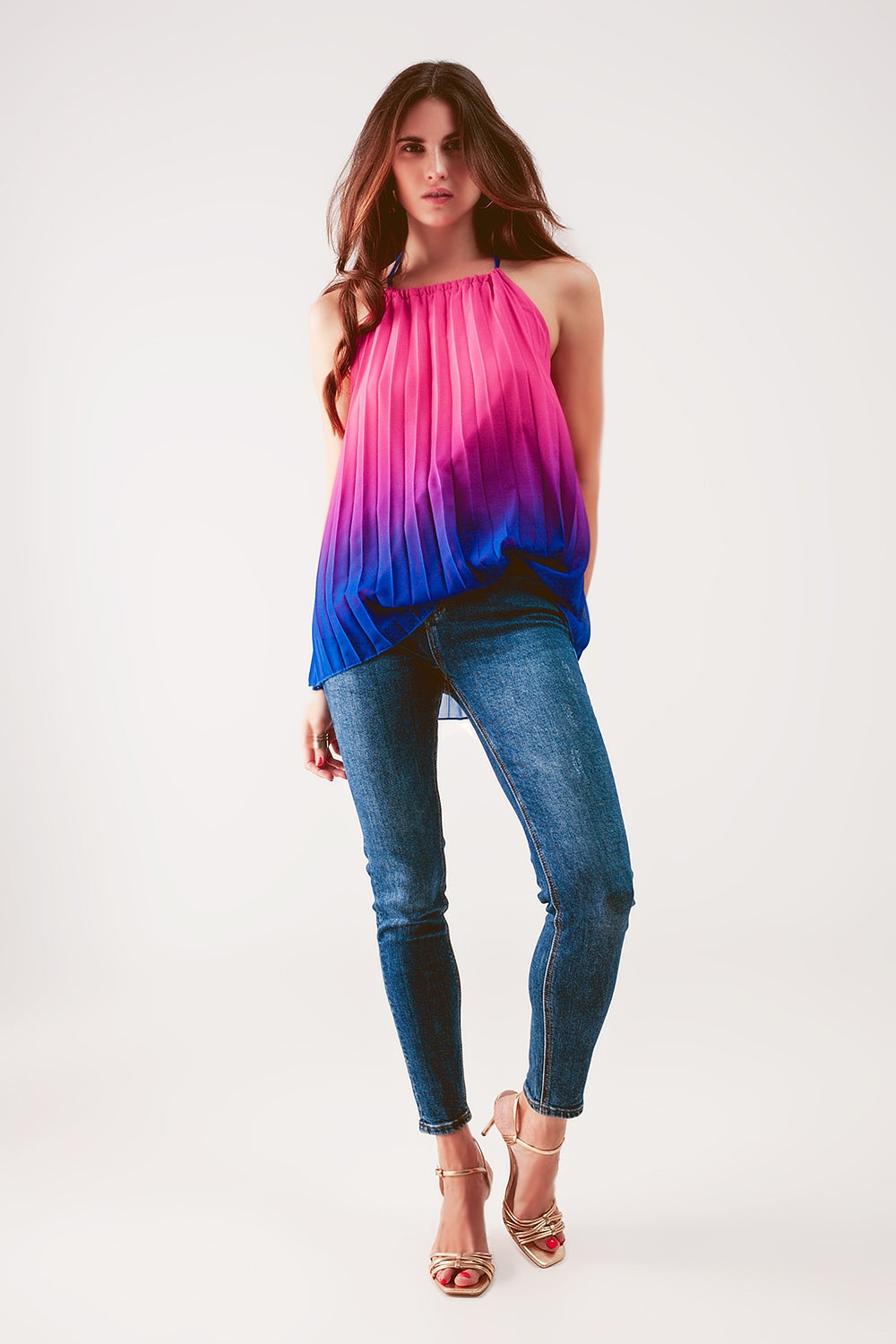 High neck pleat top in fuchsia ombre Q2store