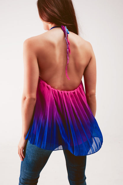 High neck pleat top in fuchsia ombre Q2store
