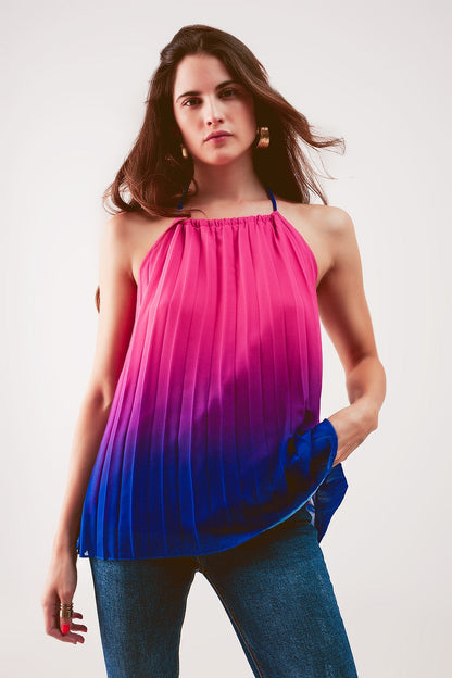High neck pleat top in fuchsia ombre Q2store