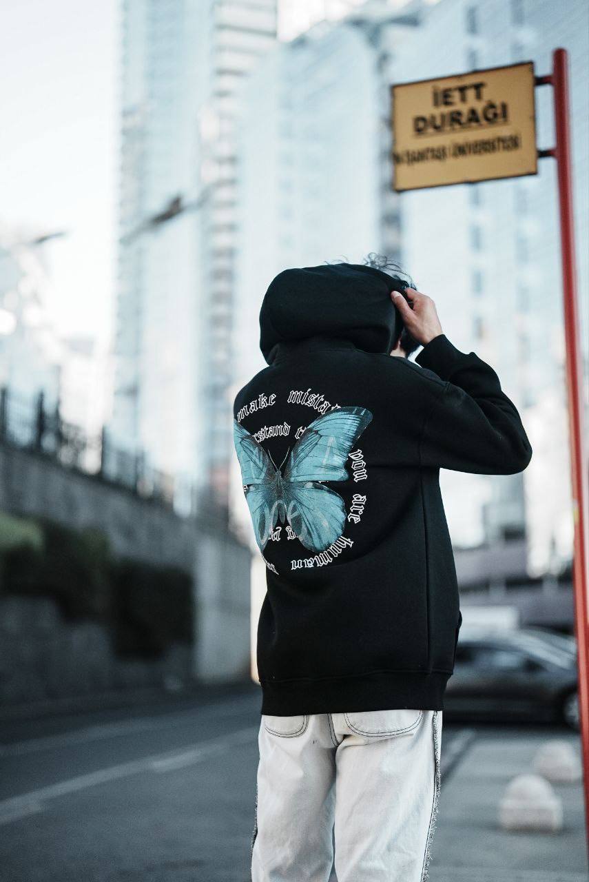Oversize 'Human Realist Butterfly' Graphic Hoodie - Abstract Streetwear Sweatshirt Withinblack