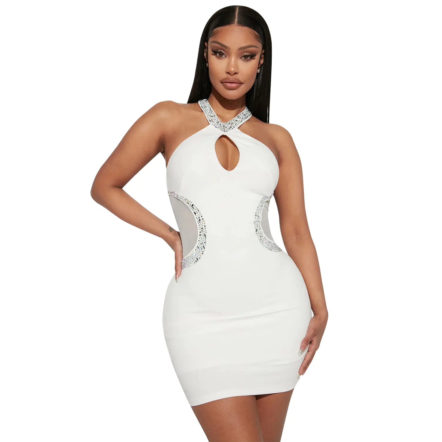 Hollow Rhinestone Halter Dress for Women