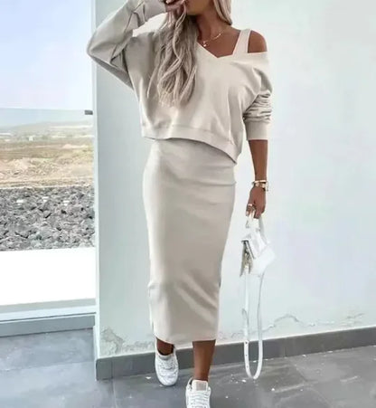 Women's V-neck Vest Sweater & Skirt Set