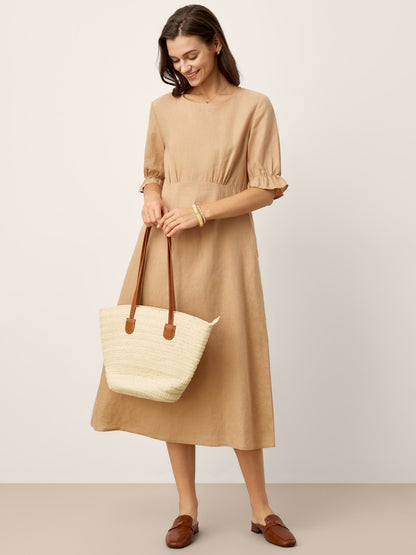 100% Linen Round Neck High Waist Ruffle Sleeve Maxi Dress ZEPHYRA