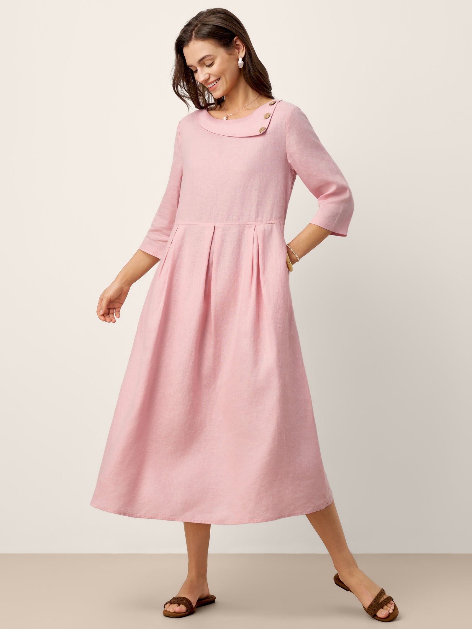 100% Linen Crescent Neck Decorative Button Waist Pleated Maxi Dress GWENYTH LINTICO