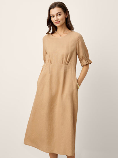 100% Linen Round Neck High Waist Ruffle Sleeve Maxi Dress ZEPHYRA