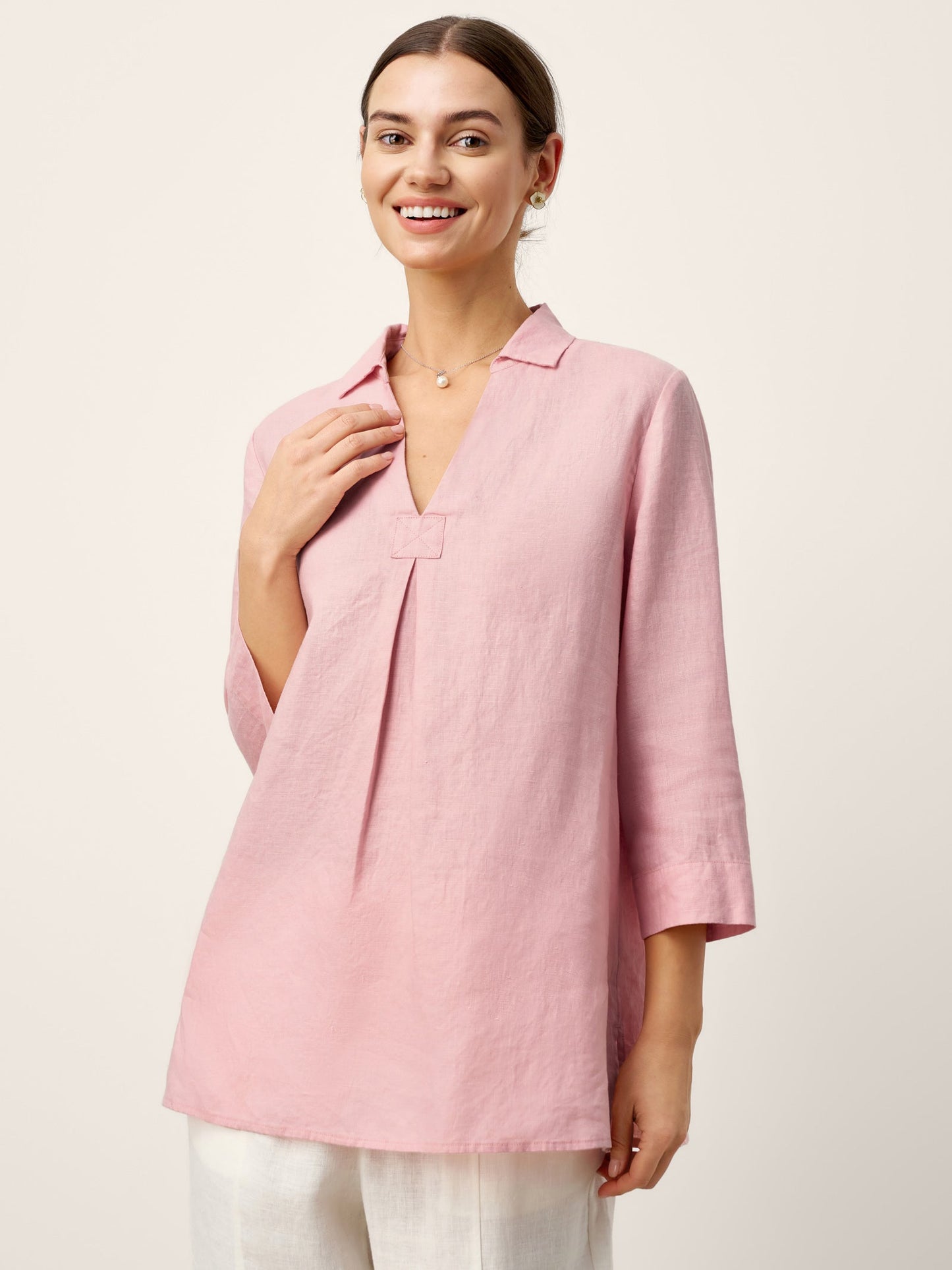 100% Linen Layered Lapel V-neck Sculpted Front Pleat Longline Top ODALYS LINTICO