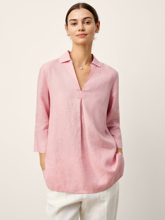 100% Linen Layered Lapel V-neck Sculpted Front Pleat Longline Top ODALYS LINTICO