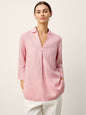 100% Linen Layered Lapel V-neck Sculpted Front Pleat Longline Top ODALYS LINTICO