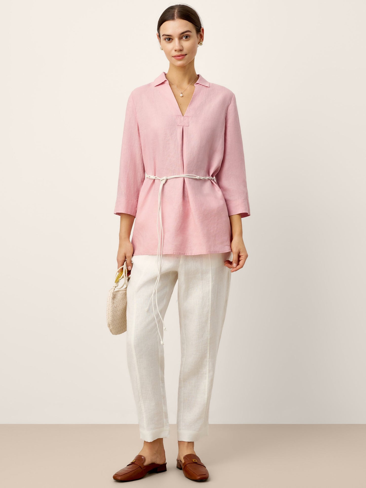 100% Linen Layered Lapel V-neck Sculpted Front Pleat Longline Top ODALYS LINTICO