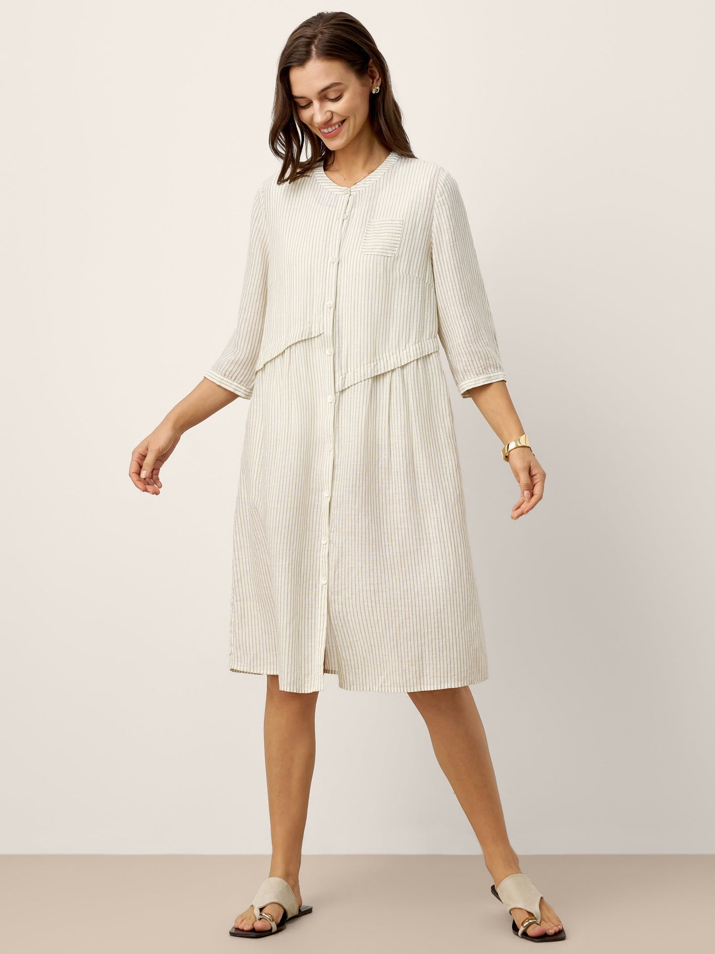 Linen-Lyocell Deconstructed Asymmetric Front Pleat Midi Dress EULALIE LINTICO