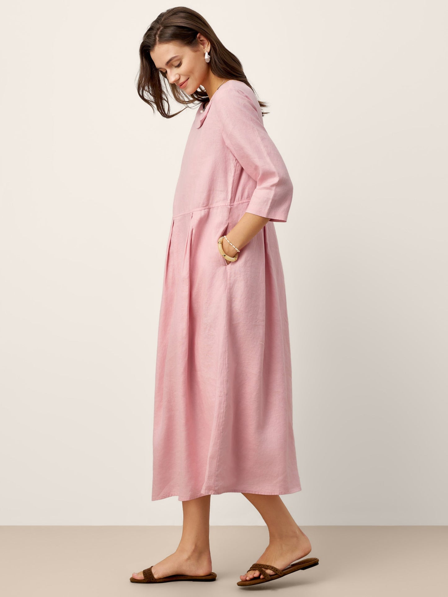 100% Linen Crescent Neck Decorative Button Waist Pleated Maxi Dress GWENYTH LINTICO