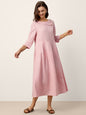 100% Linen Crescent Neck Decorative Button Waist Pleated Maxi Dress GWENYTH LINTICO