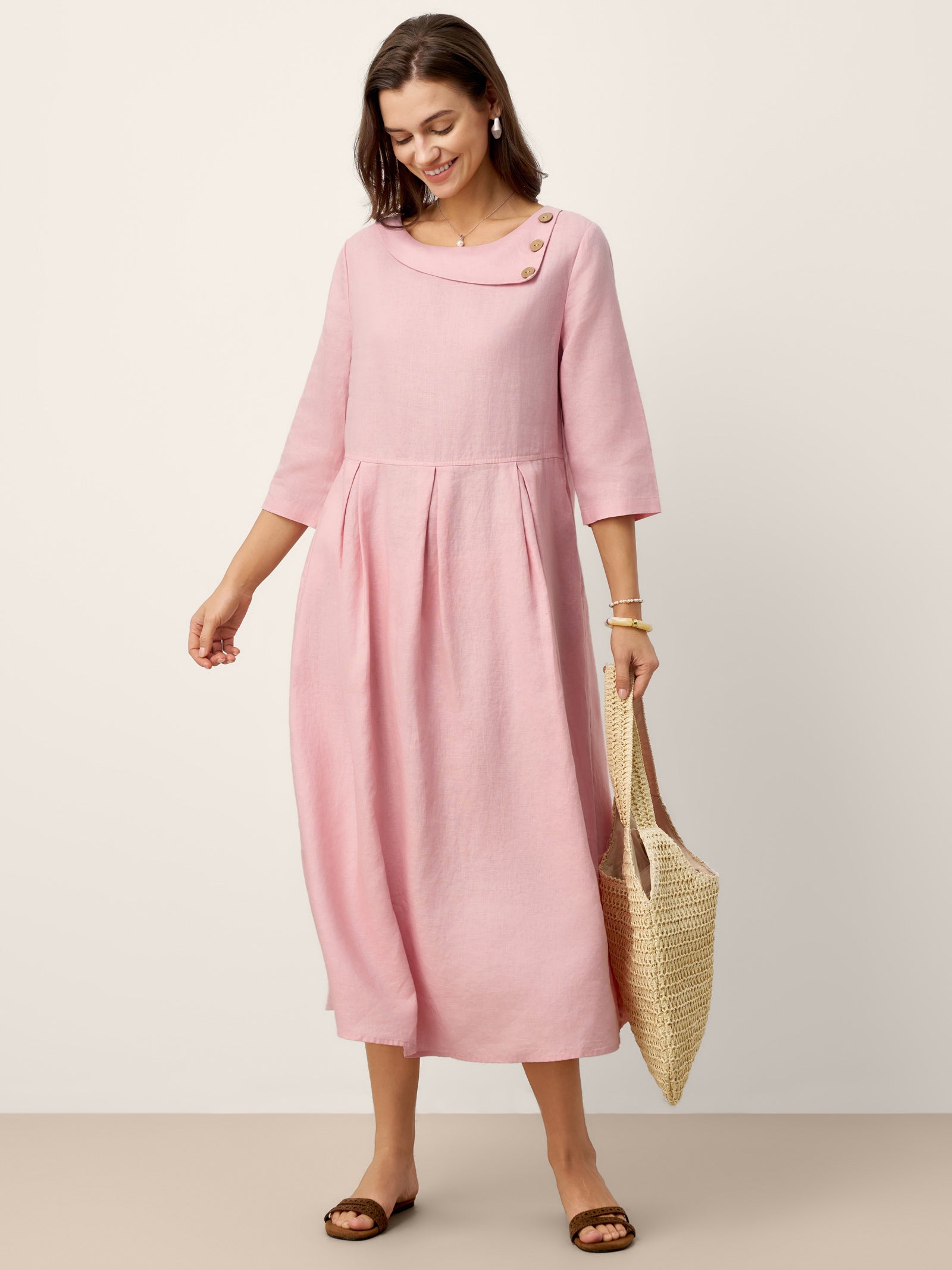 100% Linen Crescent Neck Decorative Button Waist Pleated Maxi Dress GWENYTH LINTICO