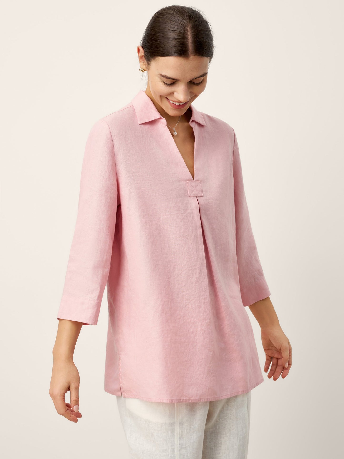 100% Linen Layered Lapel V-neck Sculpted Front Pleat Longline Top ODALYS LINTICO