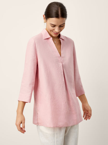 100% Linen Layered Lapel V-neck Sculpted Front Pleat Longline Top ODALYS LINTICO
