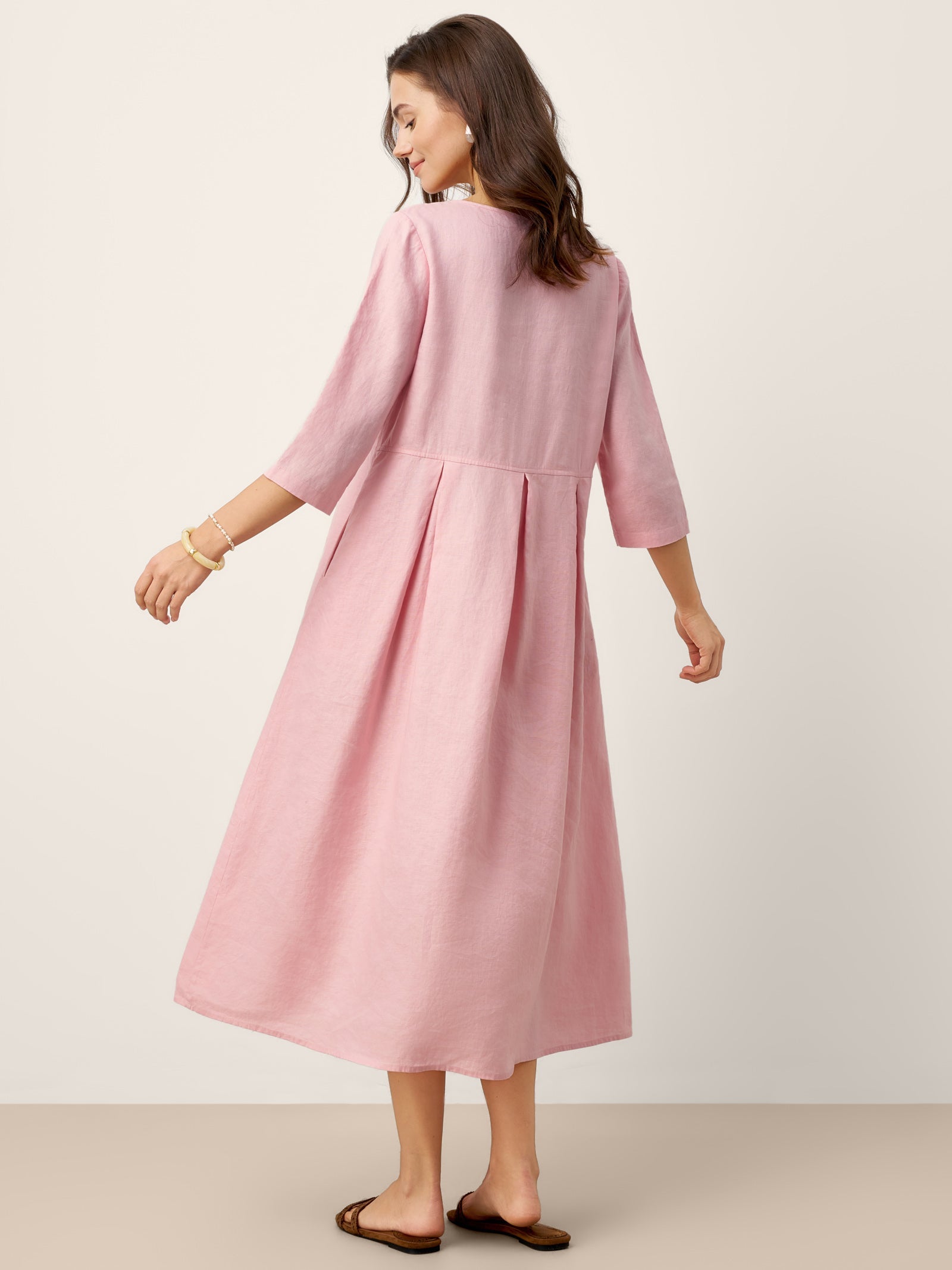 100% Linen Crescent Neck Decorative Button Waist Pleated Maxi Dress GWENYTH LINTICO