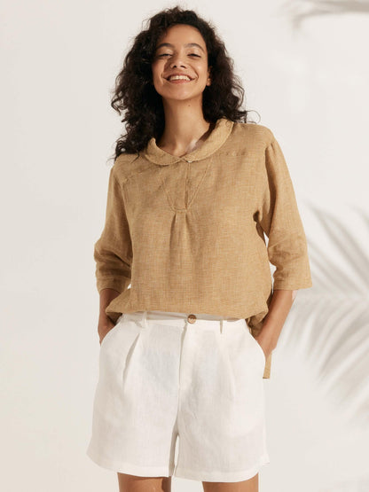 100% Linen Shawl V-Neck Half Sleeve Top JADE LINTICO