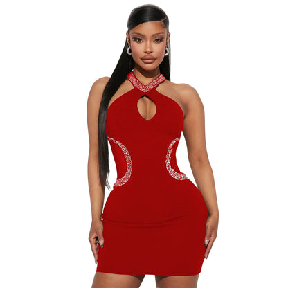 Hollow Rhinestone Halter Dress for Women