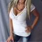 V-Neck Solid Lace Panel Short Sleeve T-Shirt