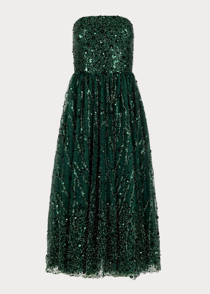 Elphie Strapless Sequin Corset Midi Dress - Green JessaKae