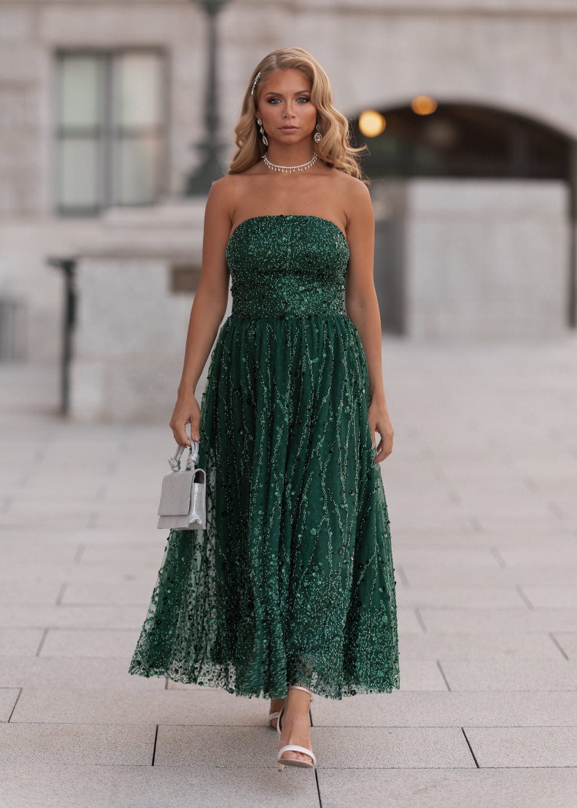 Elphie Strapless Sequin Corset Midi Dress - Green JessaKae