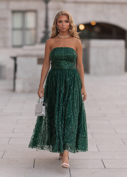 Elphie Strapless Sequin Corset Midi Dress - Green JessaKae
