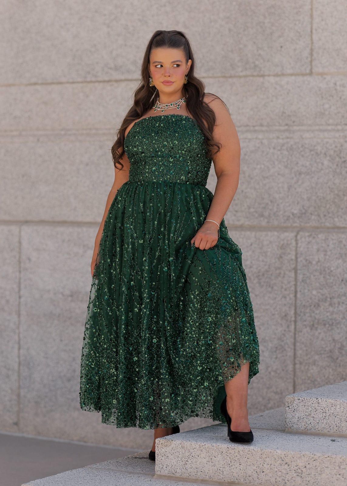 Elphie Strapless Sequin Corset Midi Dress - Green JessaKae