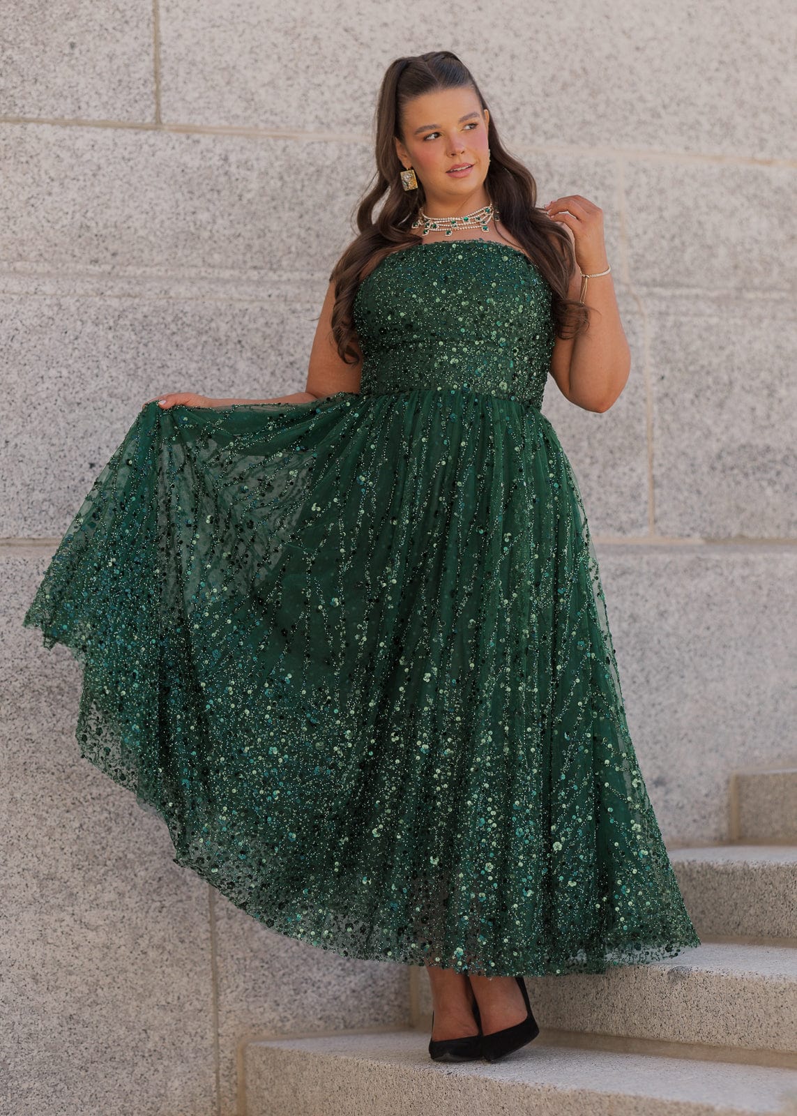 Elphie Strapless Sequin Corset Midi Dress - Green JessaKae