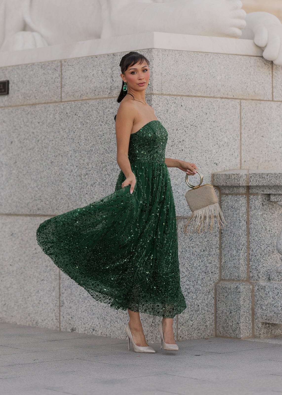 Elphie Strapless Sequin Corset Midi Dress - Green JessaKae