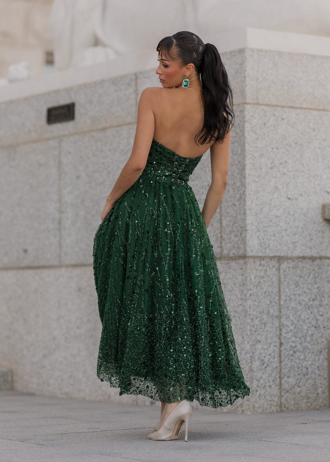 Elphie Strapless Sequin Corset Midi Dress - Green JessaKae