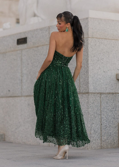 Elphie Strapless Sequin Corset Midi Dress - Green JessaKae
