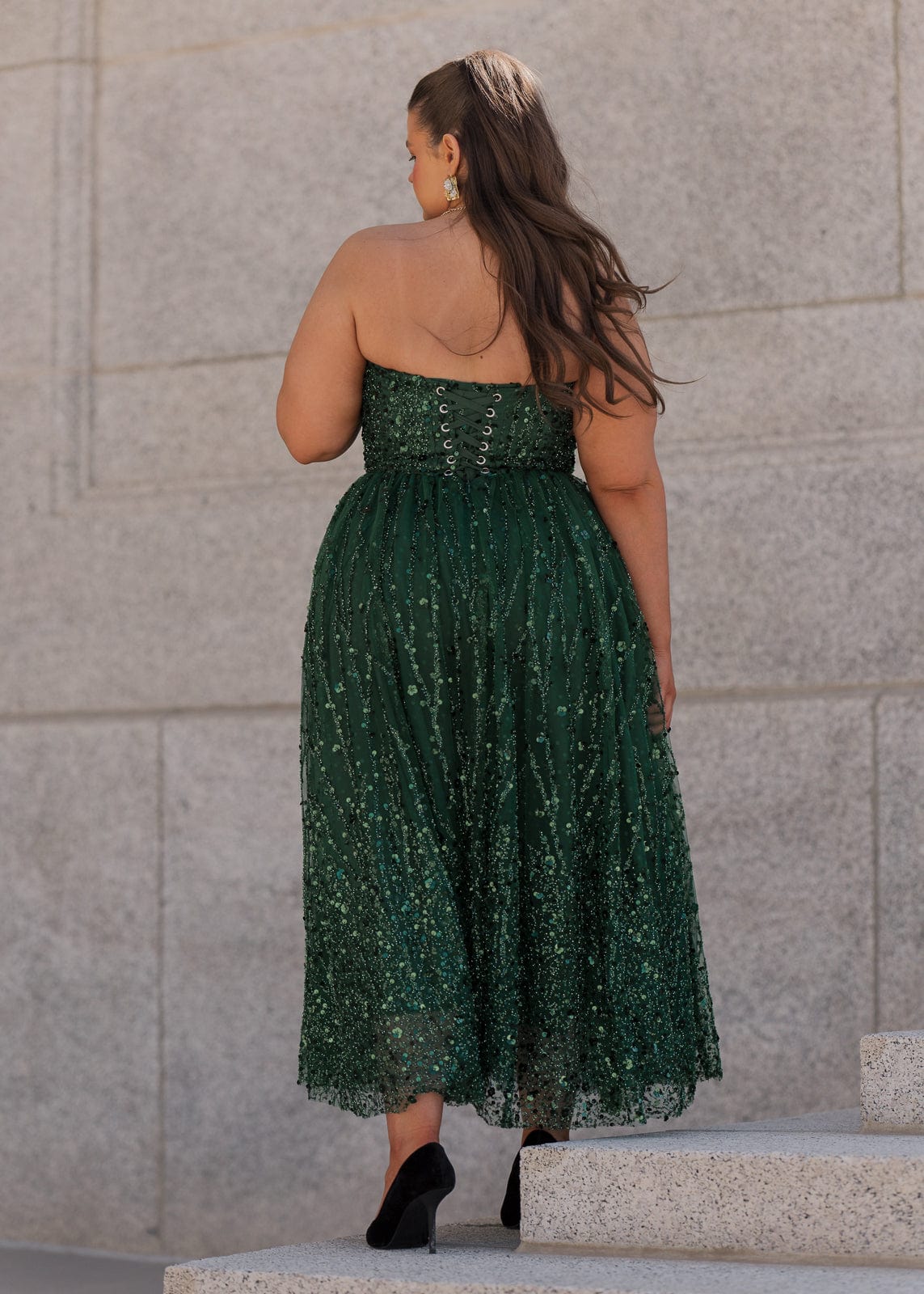 Elphie Strapless Sequin Corset Midi Dress - Green JessaKae