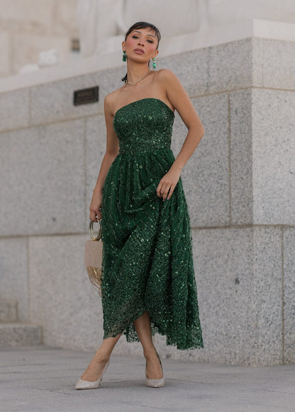 Elphie Strapless Sequin Corset Midi Dress - Green JessaKae