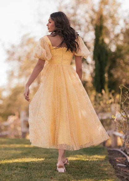 Everbloom Puff Sleeve Midi Dress in Yellow JessaKae