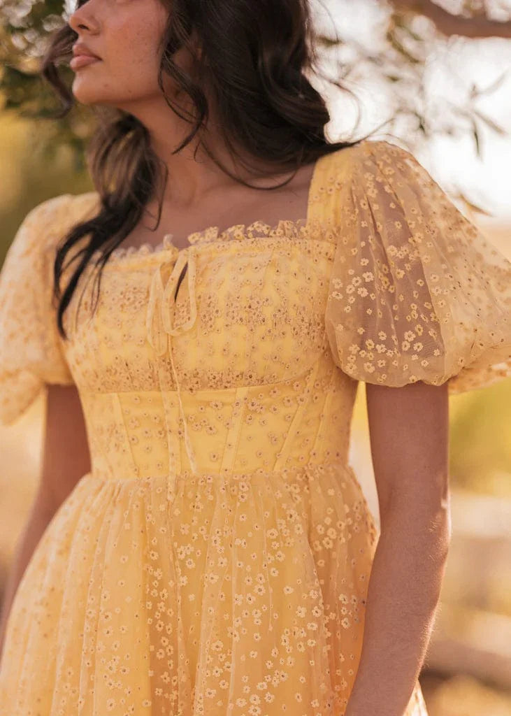 Everbloom Puff Sleeve Midi Dress in Yellow JessaKae