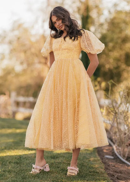 Everbloom Puff Sleeve Midi Dress in Yellow JessaKae