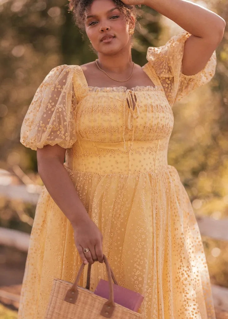 Everbloom Puff Sleeve Midi Dress in Yellow JessaKae