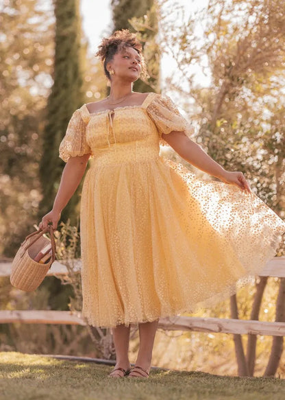Everbloom Puff Sleeve Midi Dress in Yellow JessaKae