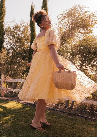 Everbloom Puff Sleeve Midi Dress in Yellow JessaKae