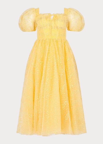 Everbloom Puff Sleeve Midi Dress in Yellow JessaKae