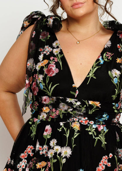 Margaret Floral Embroidered Midi Dress Black JessaKae