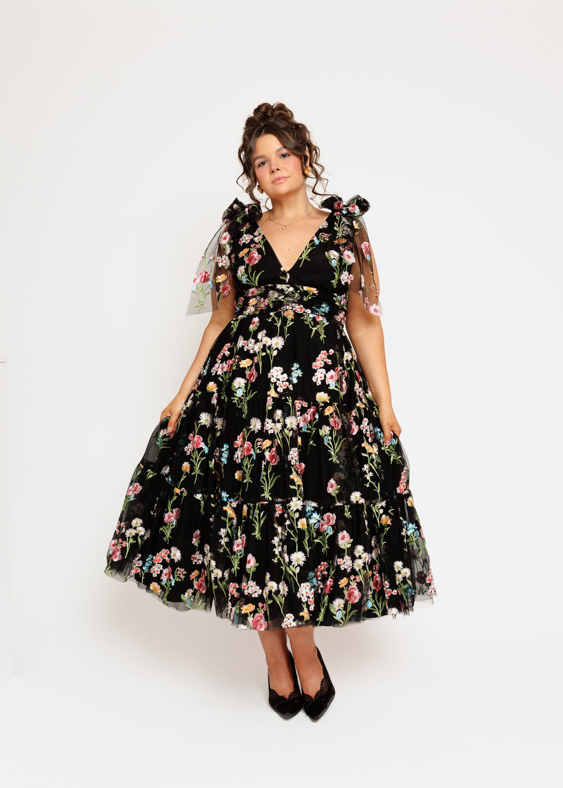 Margaret Floral Embroidered Midi Dress Black JessaKae