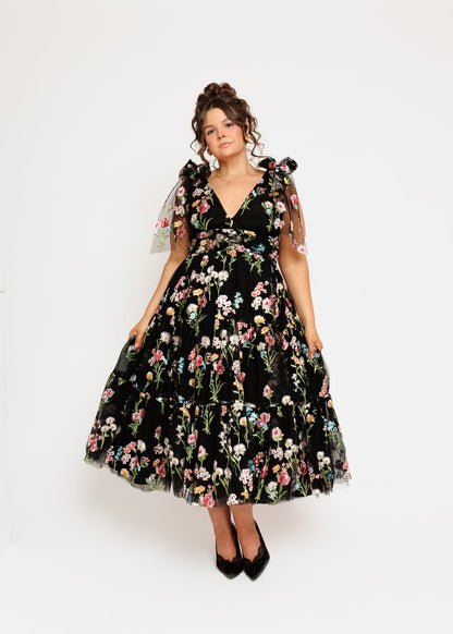 Margaret Floral Embroidered Midi Dress Black JessaKae