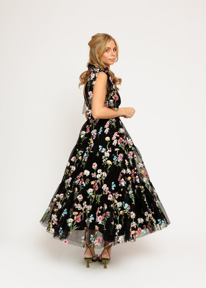 Margaret Floral Embroidered Midi Dress Black JessaKae